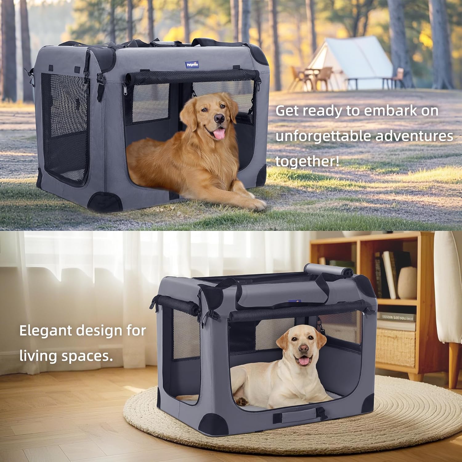 Petprsco 40 Inch Collapsible Dog Crate, Portable Dog Crates for Large Dogs, XL Dog Crate for Travel, 3 Door Soft Dog Kennel with Durable Mesh Windows Indoor & Outside 40x27x27 Inch Gray