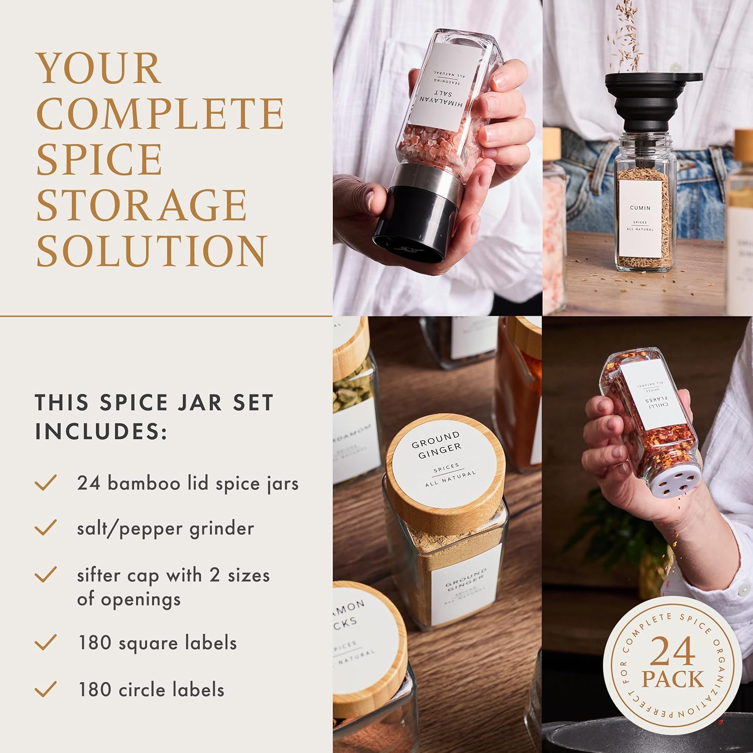 Glass Spice Jars with 360 Labels -24 pcs- 4oz- Spice Containers with Bamboo Lids -Shaker Lids- Pepper Grinder-Spice Organization for Cabinet-Drawer-Rack-Seasoning Organizer-Square bottles Natural 24pack - 4oz