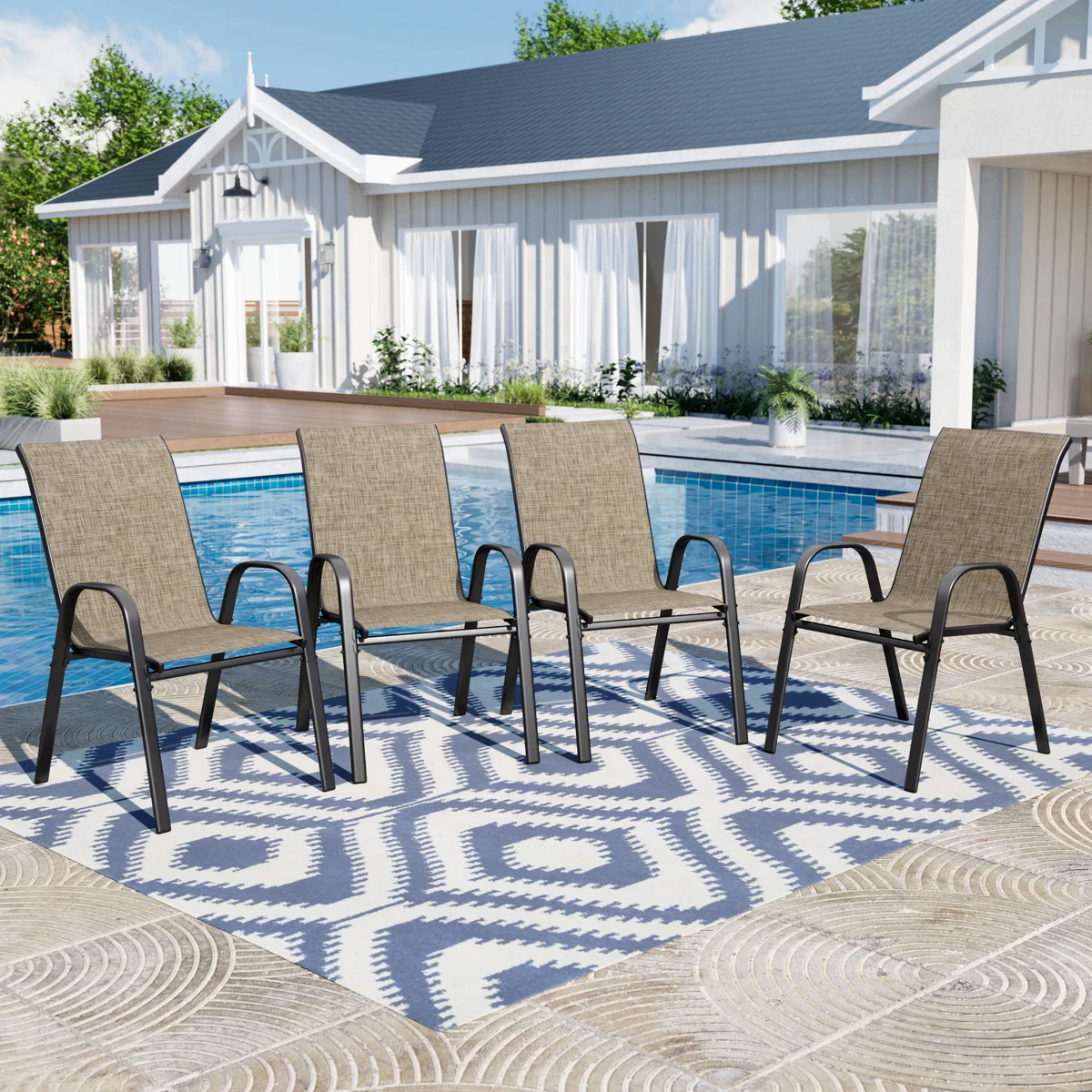 Modern Stackable Outdoor PVC-coated polyester Patio Dining Sling Armchairs (Set Of 4)