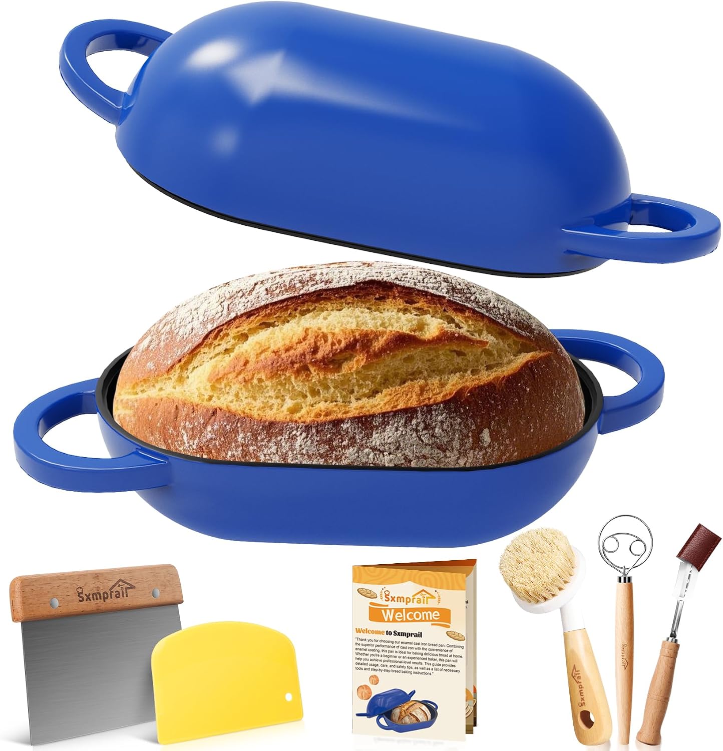 Sxmprail Enameled Cast Iron Oval Bread Oven with Non-Stick Silicone Liner, 2QT, Blue