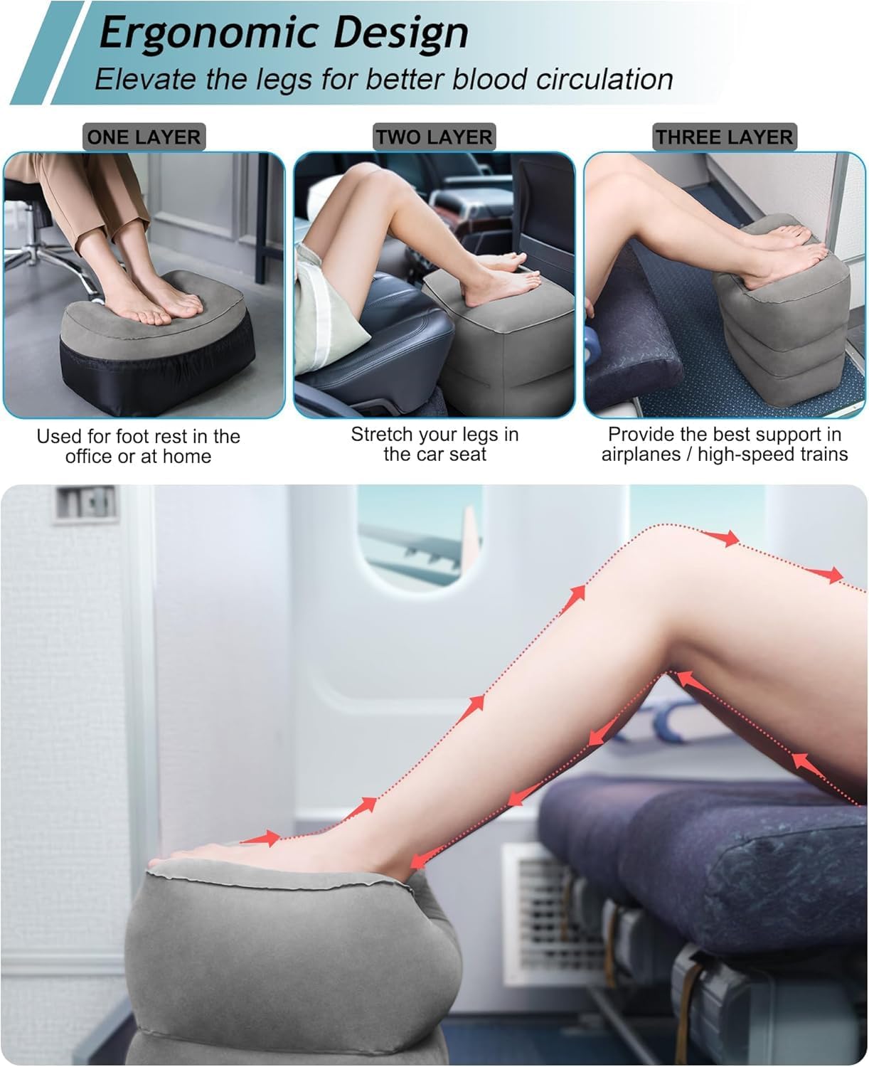 JefDiee Inflatable Foot Rest Pillow, Kids Airplane Bed, Adjustable 3 Layers Height Leg Rest Pillow, Airplane Travel Essentials Great for Office, Home, Trains, Cars Grey