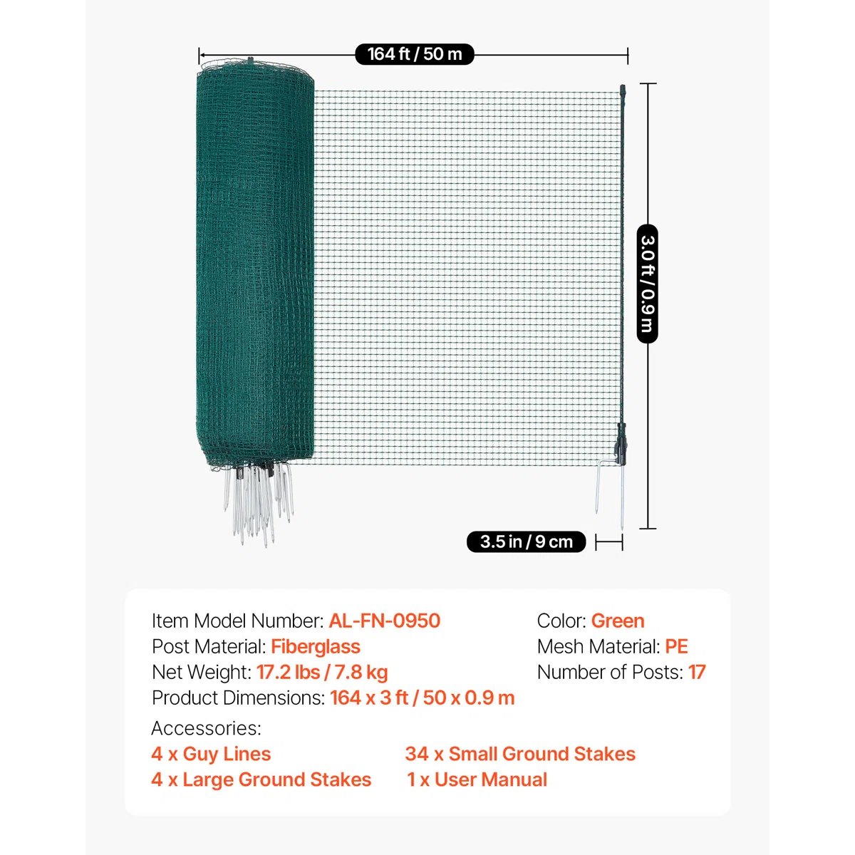 Temporary Fence with Posts, 3 x 98.4 FT Plastic Mesh Fencing, Garden Safety Fences Netting with Double-Spike Stakes & Guy Ropes, Temporary Fence for Dogs, Chickens, Plants, Outdoor Yards