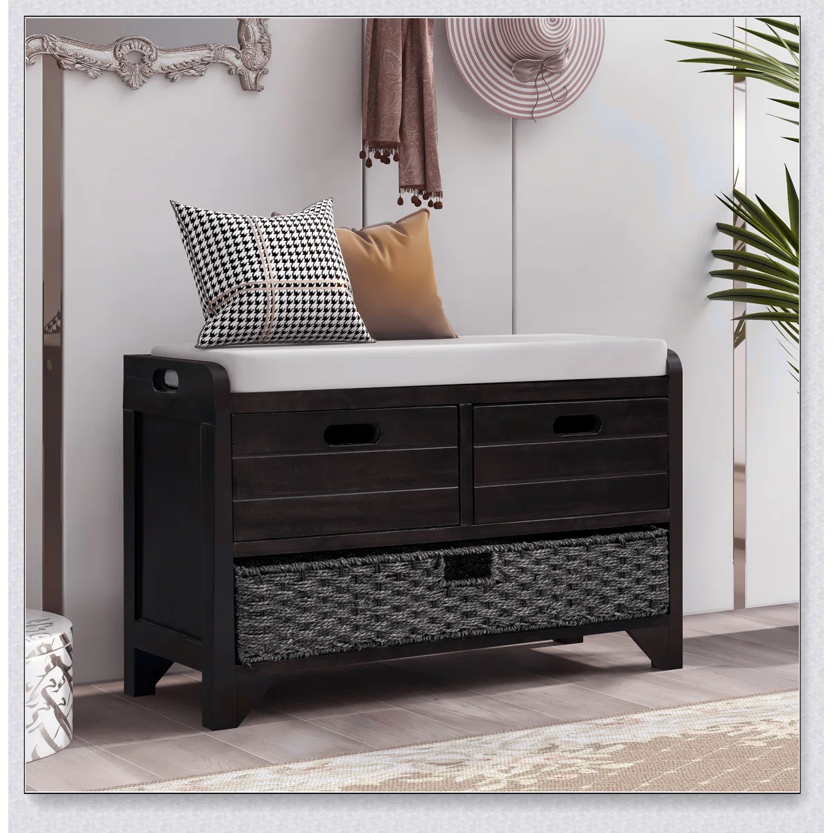 Storage Bench with Removable Basket and 2 Drawers, Fully Assembled Shoe Bench with Removable Cushion (Espresso)