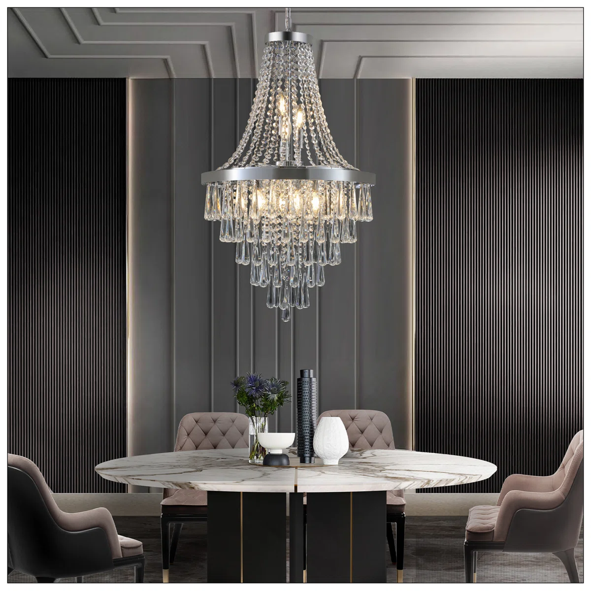 Crystal Chandelier With Adjustable Height, Modern Ceiling Light Fixture For Living Room, Dining Room, Staircase, -Light E Bulb Base (No Bulbs)