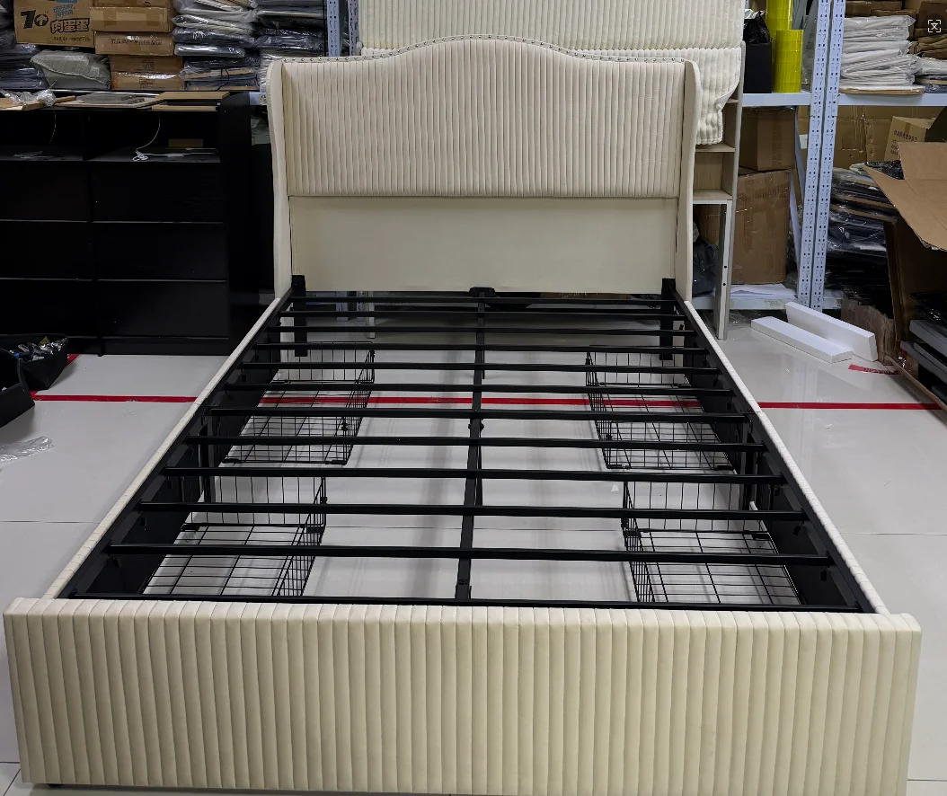 Modern Upholstered Bed With 4 Storage Drawers & 54" Tall Headboard, No Spring Box Needed, Easy Assembly