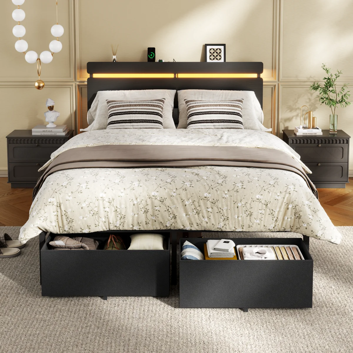 King Bed with 3 Drawers and Open Storage Headboard, Adjustable LED Light and Charging Station, No Box Spring Needed