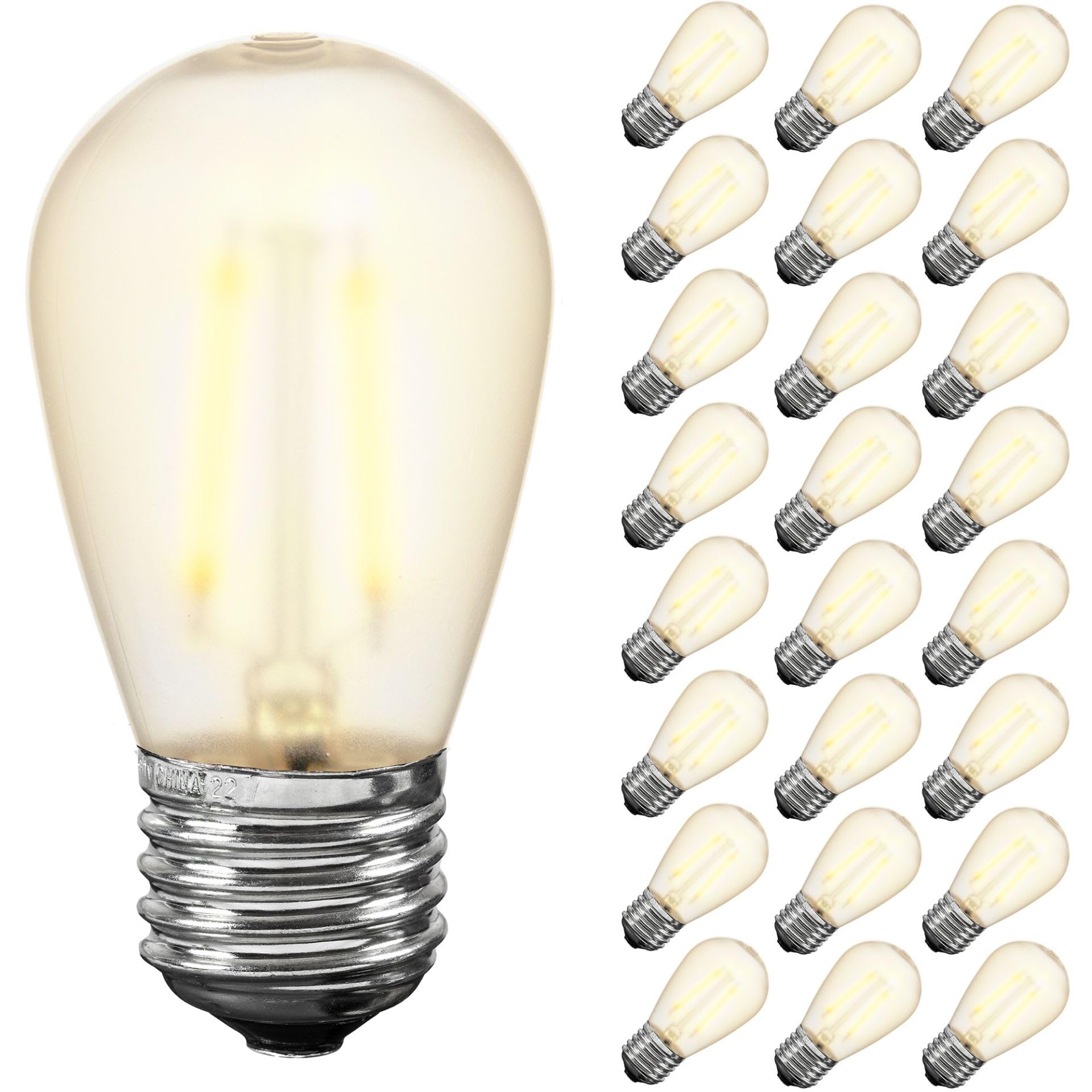 Novelty Lights Outdoor String Light Dual-Filament Replacement Bulbs, 25 Pack S14 LED Edison Shatterproof Plastic, E26 Base, 30,000-Hour Lifespan, 2400K Frosted White