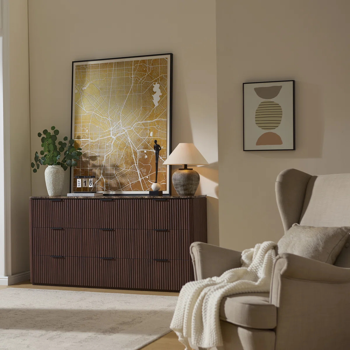 63" W Fluted 9-drawer Dresser, 1.97"-Thick Panels Wood Chest with Faux Marble Top and Sturdy Base