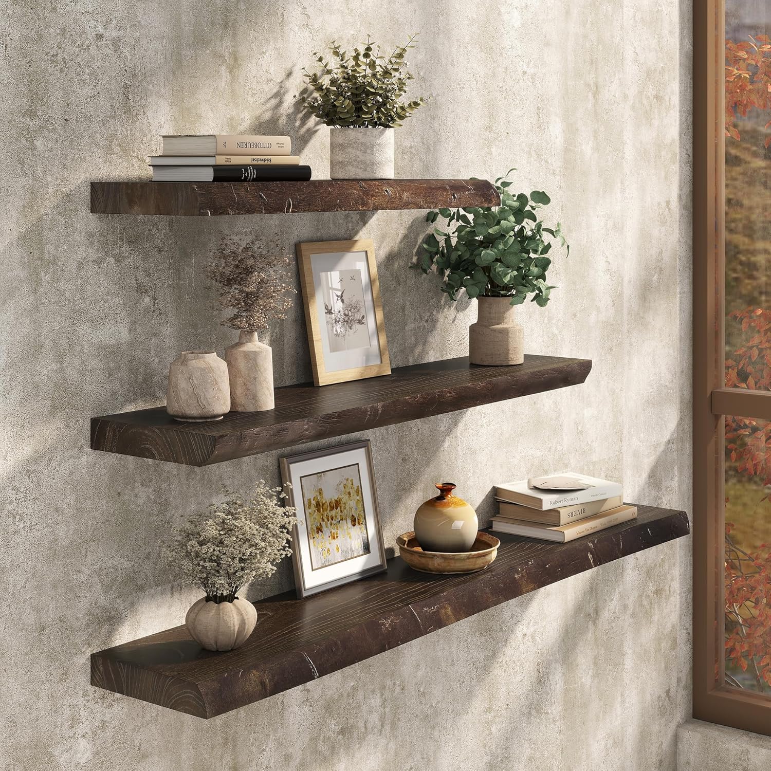 Floating Shelves Set of 2, Solid Elm Wood Wall Shelves 32 Inch - Invisible Bracket Mount for Living Room, Bedroom, Kitchen, Bathroom - Brown Dark Brown Live Edge, 32L, 2Packs