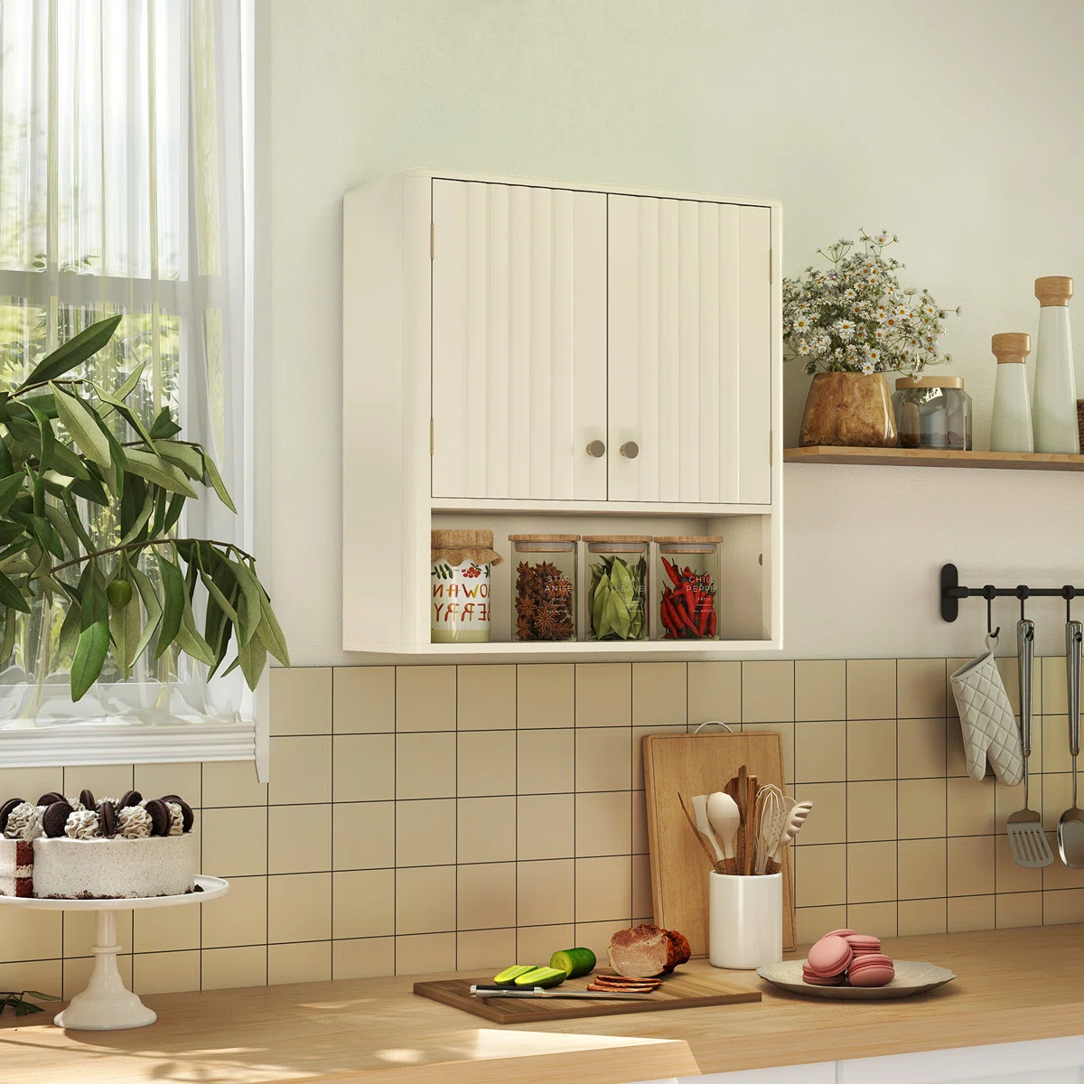 Bathroom Wall Cabinet w/Fluted Doors Adjustable Shelf Open Storage Cube