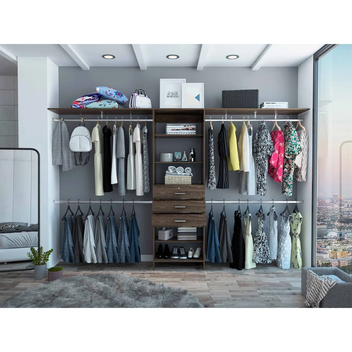 Kohn Plego Closet Organization System, with Open & Closed Storage, 69/118 Width, Dark Walnut