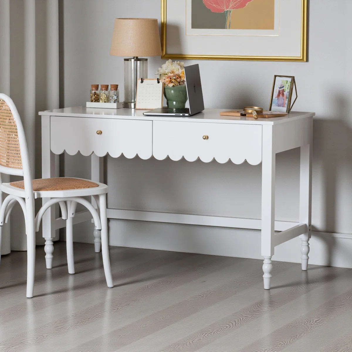 Knope White Writing Desk with Drawers and Scalloped Detailing