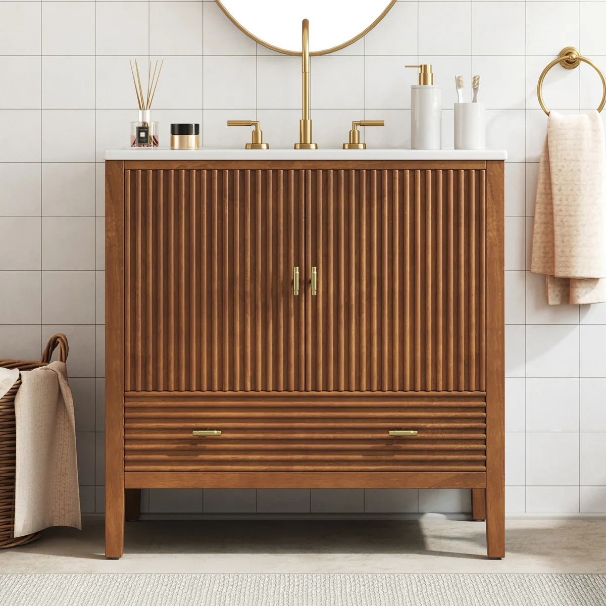 Lune Mid-Century Bathroom Vanity with Ceramic Sink & Drawer