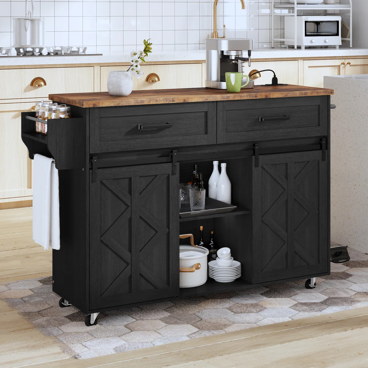 47.2" Kitchen Island with Charging Station and Storage