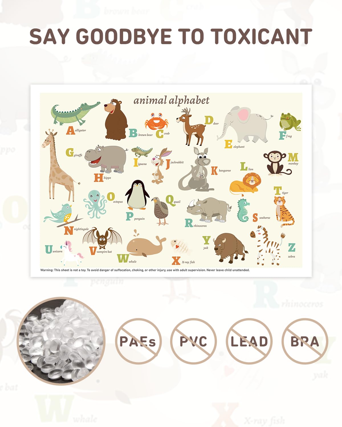 Babebay Disposable Stick-on Placemats 40 Pack for Baby & Kids & Toddler, Sticky Placemats Restaurant Table Mats 12 x 18 (Animal Alphabet) Animal Alphabet Theme 12x18 Inch (Pack of 40)