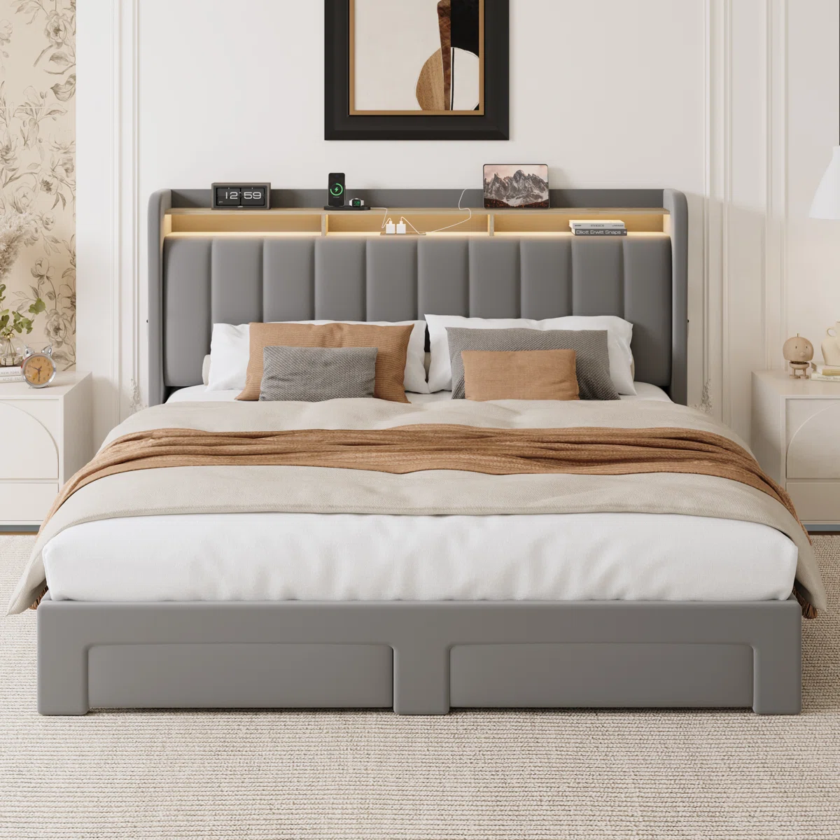 (“Full”)Upholstered Platform Bed Frame With Wingback Design Headboard, Charging Station, LED Lights and 2 Storage Drawers