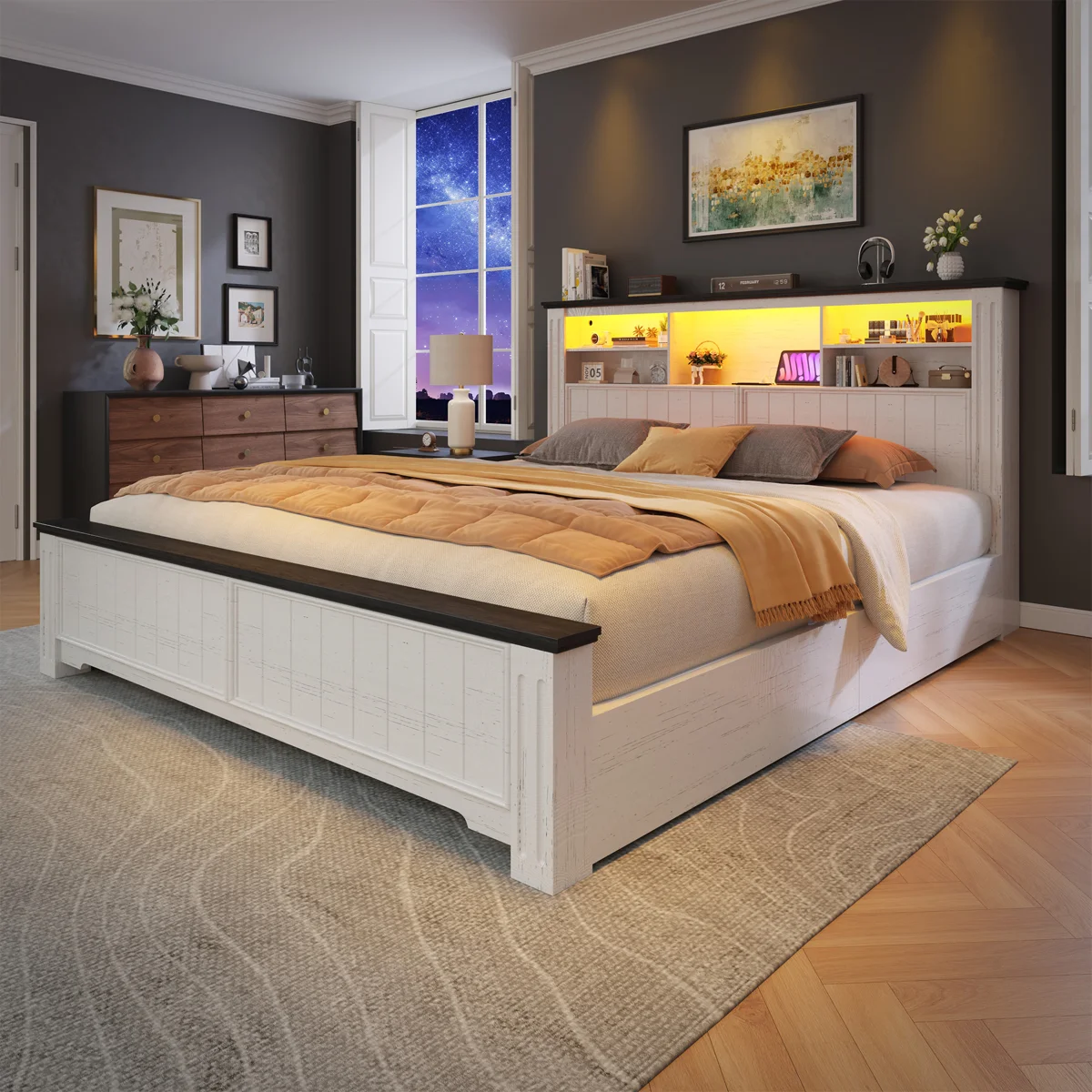 Farmhouse Storage Bed Frame With Headboard & Led Light & Usb, 4 Drawers Under Bed, Built In Charging Station, No Noise, No Box Spring Needed