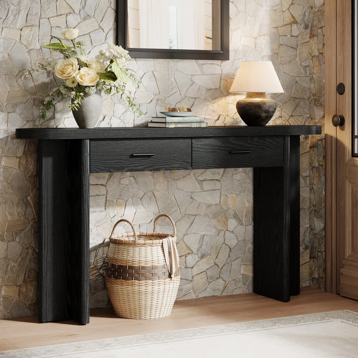 63" Console Table with 2 Drawers, Narrow Entryway Table with Adjustable Foot Pads, Modern Rustic Brown Finish