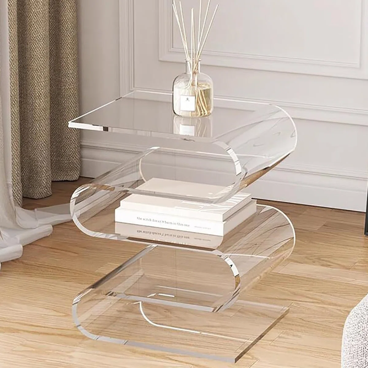 Guthrey Italian light luxury S-shaped acrylic coffee table, magazine storage rack (12mm ultra-thick acrylic material)