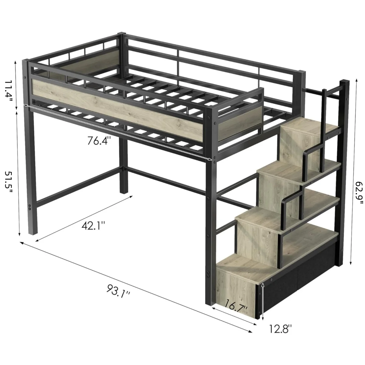 Twin Loft Bed With Storage Stairs, Metal Bed Frame, Built-in Guardrail & Anti-tipping Kit, Space-saving Loft Bed For Kids, Teens, Dorm Or Small Rooms