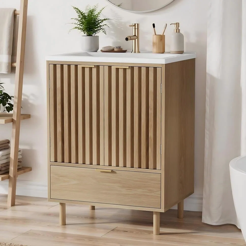 24" Freestanding Bathroom Vanity with Solid Surface Sink, Bathroom Storage Cabinet with 2 Doors & Drawer