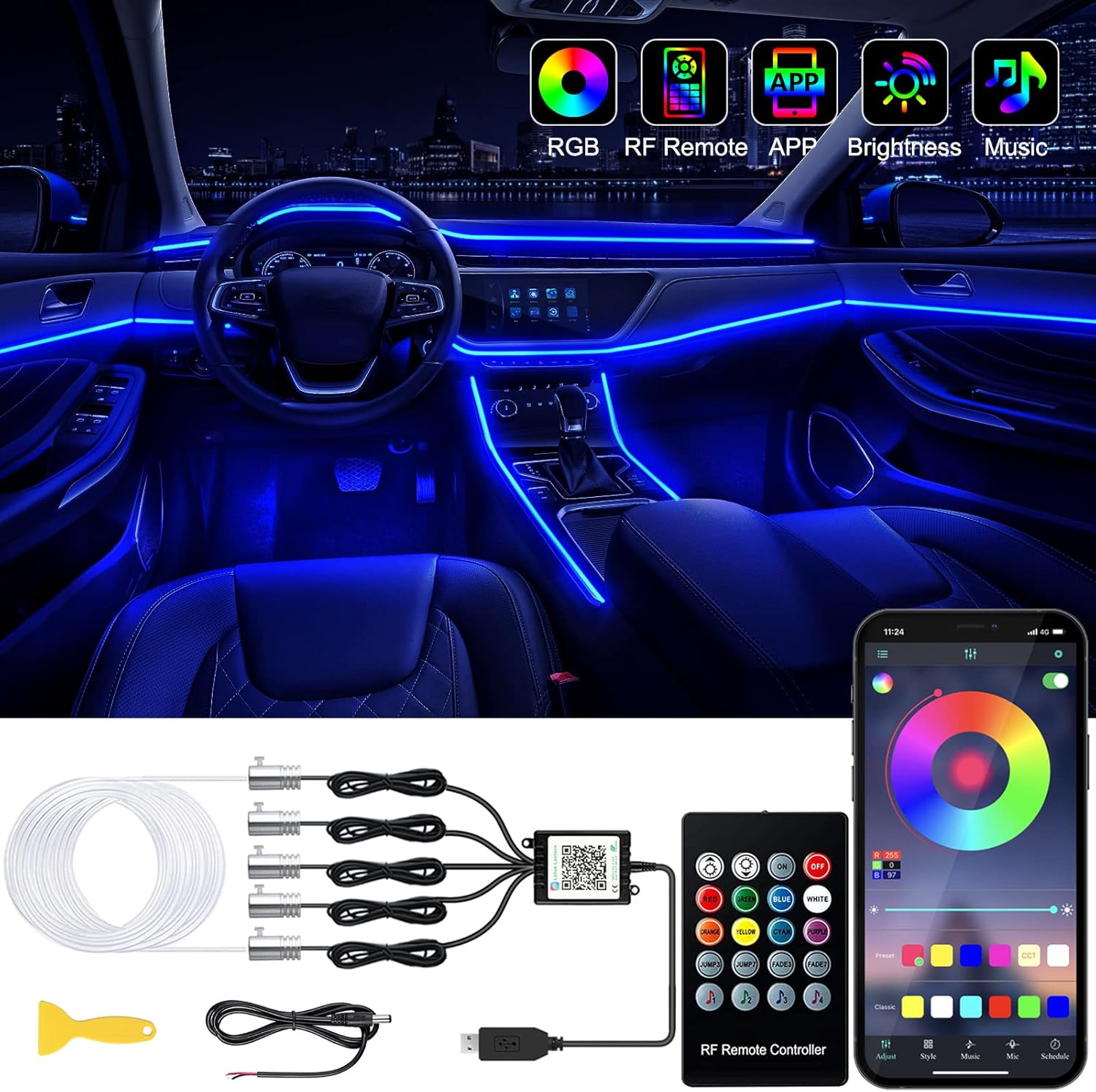 Jushope Interior Car LED Strip Lights with Wireless APP and Remote Control, RGB 5 in 1 Ambient Lighting Kit