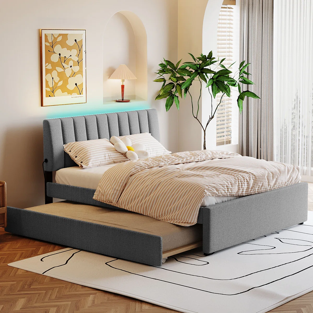 Incomplete Sable Teddy Fleece Upholstered Platform Bed with Trundle & LED Lights