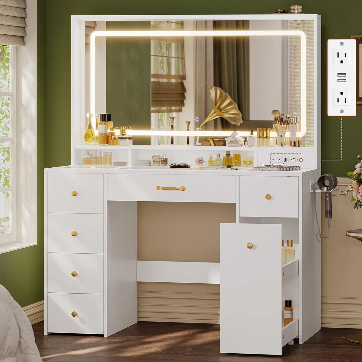 Vanity Desk With Large Led Mirror And Lights, Makeup Table With 6 Drawers And Power Outlet, Rolling Makeup Cart, Modern Storage Dressing Table, White (Incomplete, Box A)