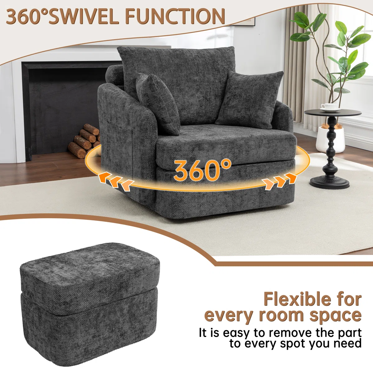 Upholstered Corduroy Swivel Chair With Ottoman