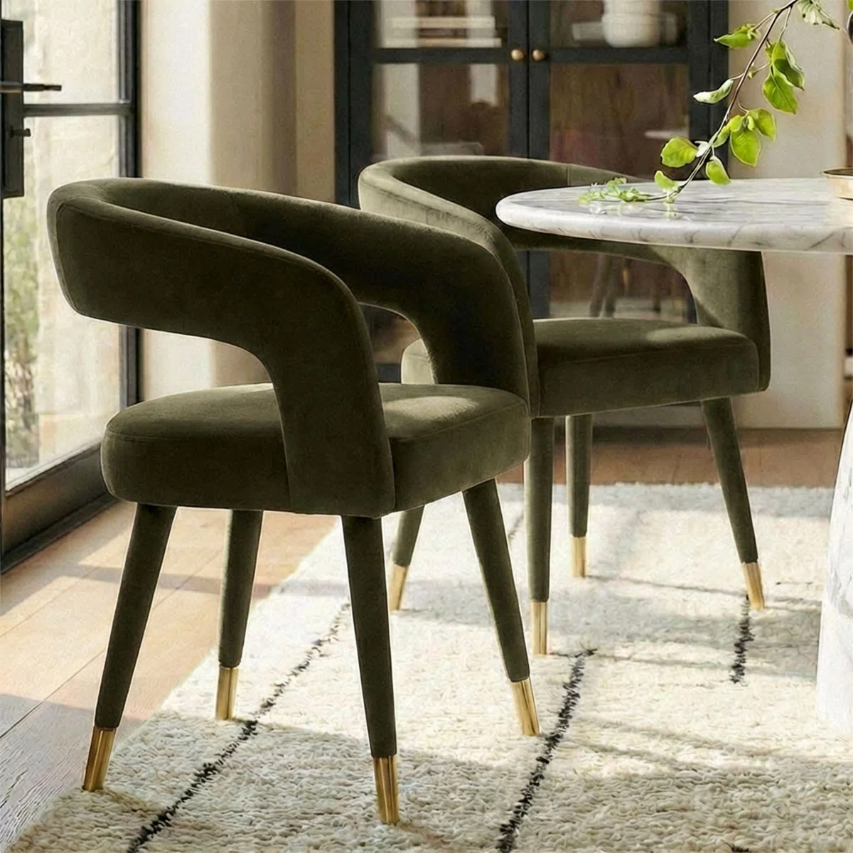 Velvet Upholstered Barrel-Back Dining Chair With Gold Capped Legs