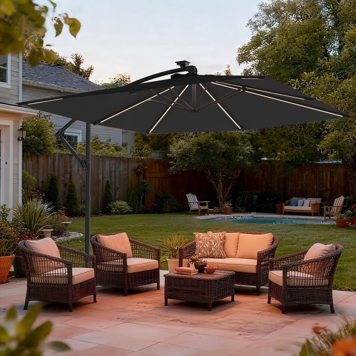 8.2ft Patio Offset Umbrella, Heavy Duty Outdoor Umbrella with Safety Lock & Raised Pole & 8 Light Strips