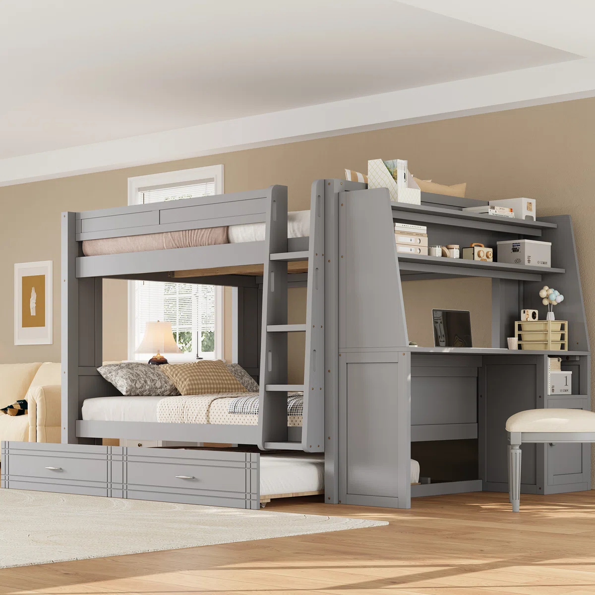 (Box 2/3)Full size Multifunctional Bunk Bed with Desk and Bookshelves, Trundle