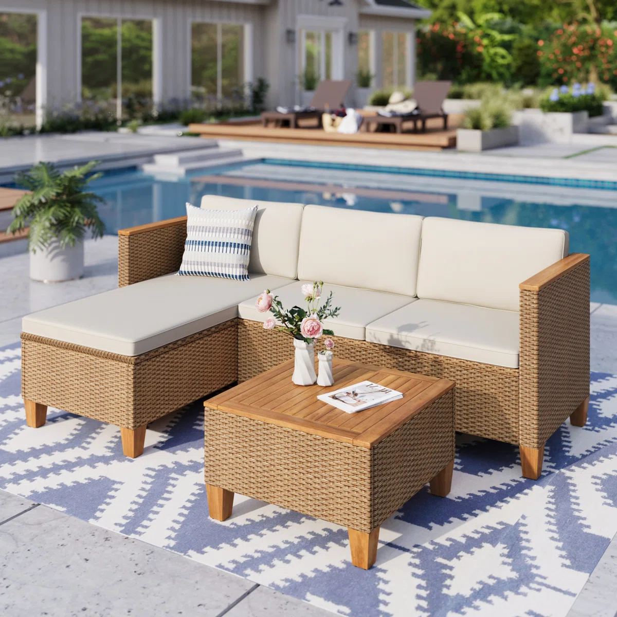 Outdoor Wicker Patio Conversation Furniture Set with Acacia Wood Coffee Table and Optional Propane Fire Pit Table