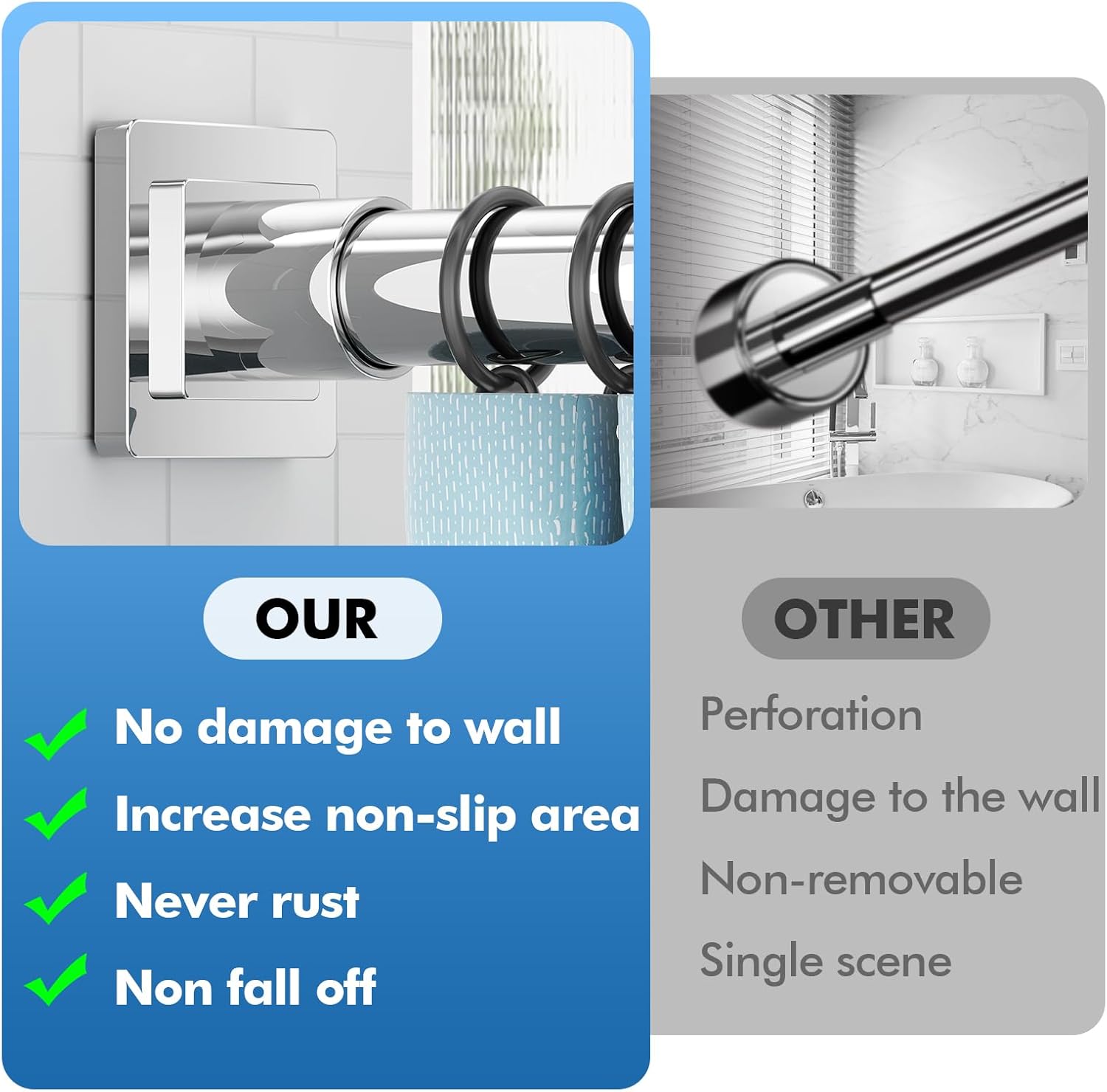 Chrome Shower Curtain Rod Spring Tension 30 to 68 Inch,1 Inch Diameter Adjustable Shower Rods for Bathroom,No Drilling Chrome 30-68