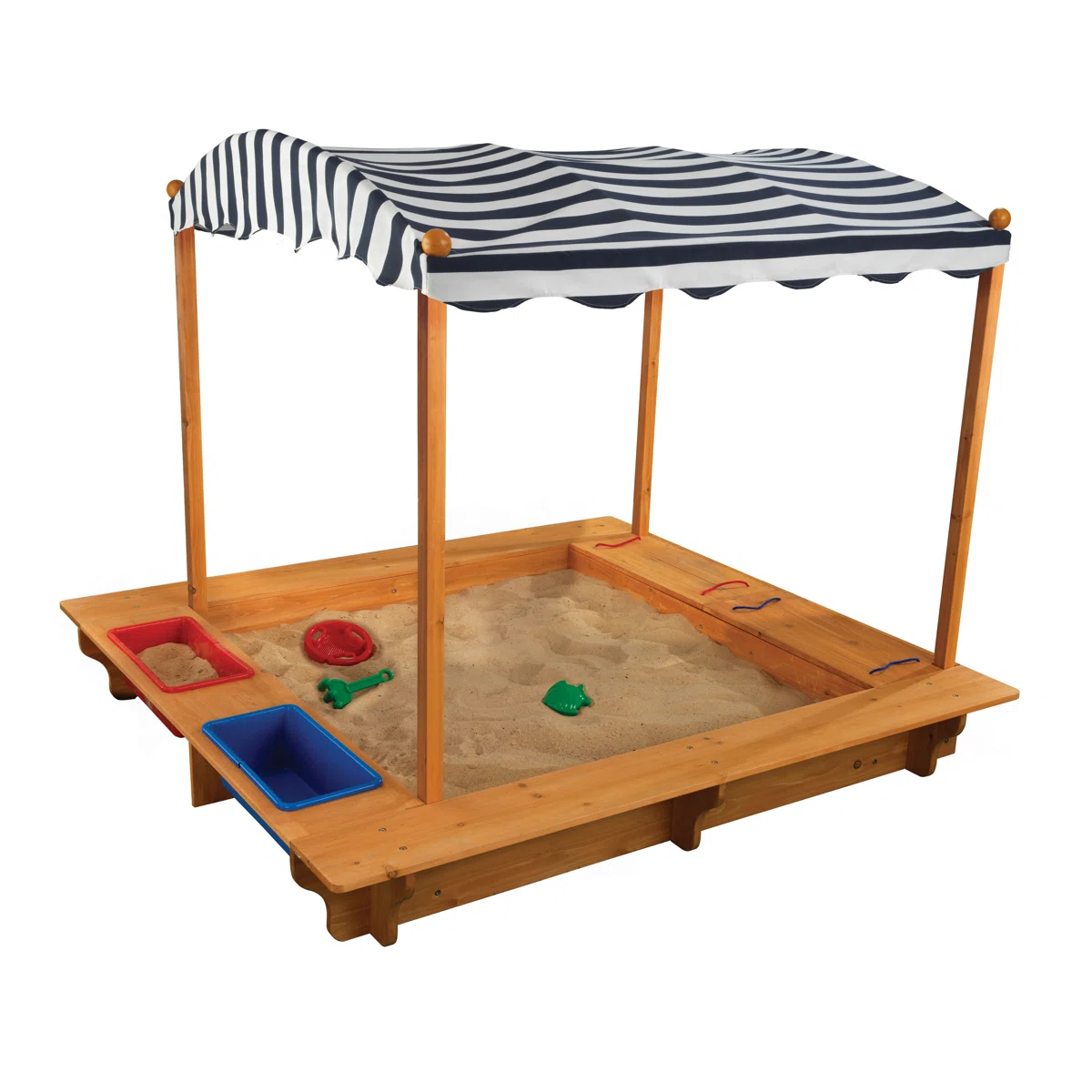 Outdoor Covered Wooden Sandbox with Bins and Striped Navy & White Canopy