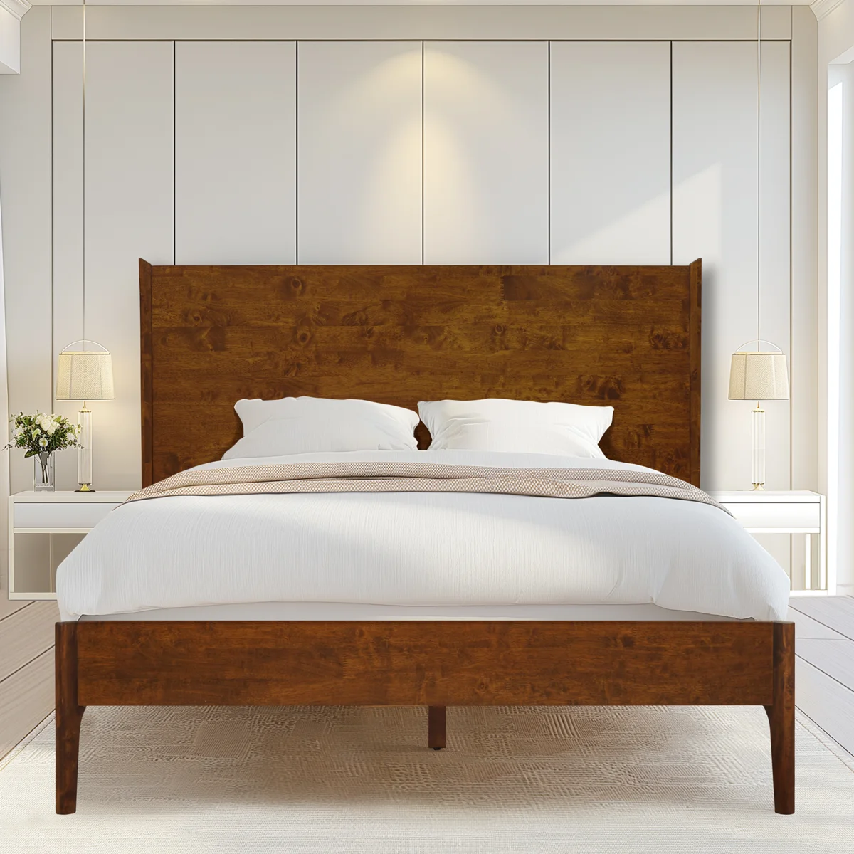BROKEN/MISSING PIECES King Oak Wood Bed Frame with Headboard,  800lbs Capacity Scandinavian Platform Bed