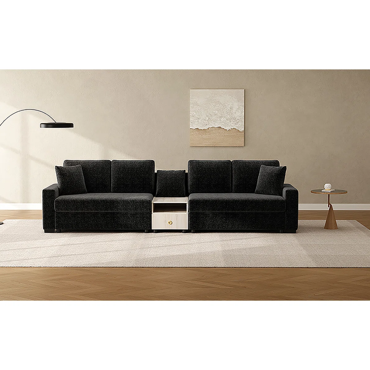 127.9" Modular Upholstered Sofa With Storage Armrest And Center Console For Living Room
