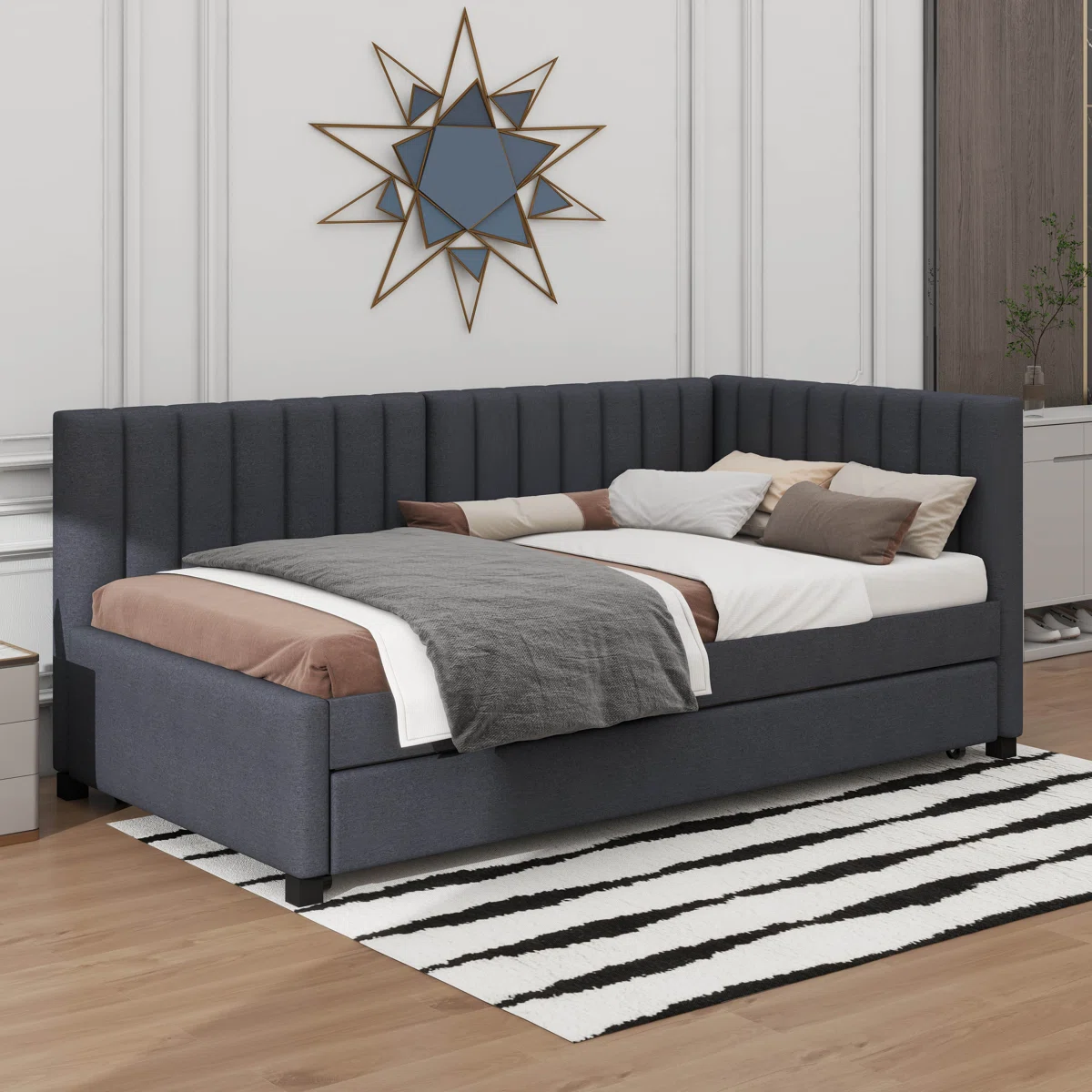 A Upholstered Daybed That Comes With A Built-In Twin-Sized Pull-Out Sofa Bed Frame