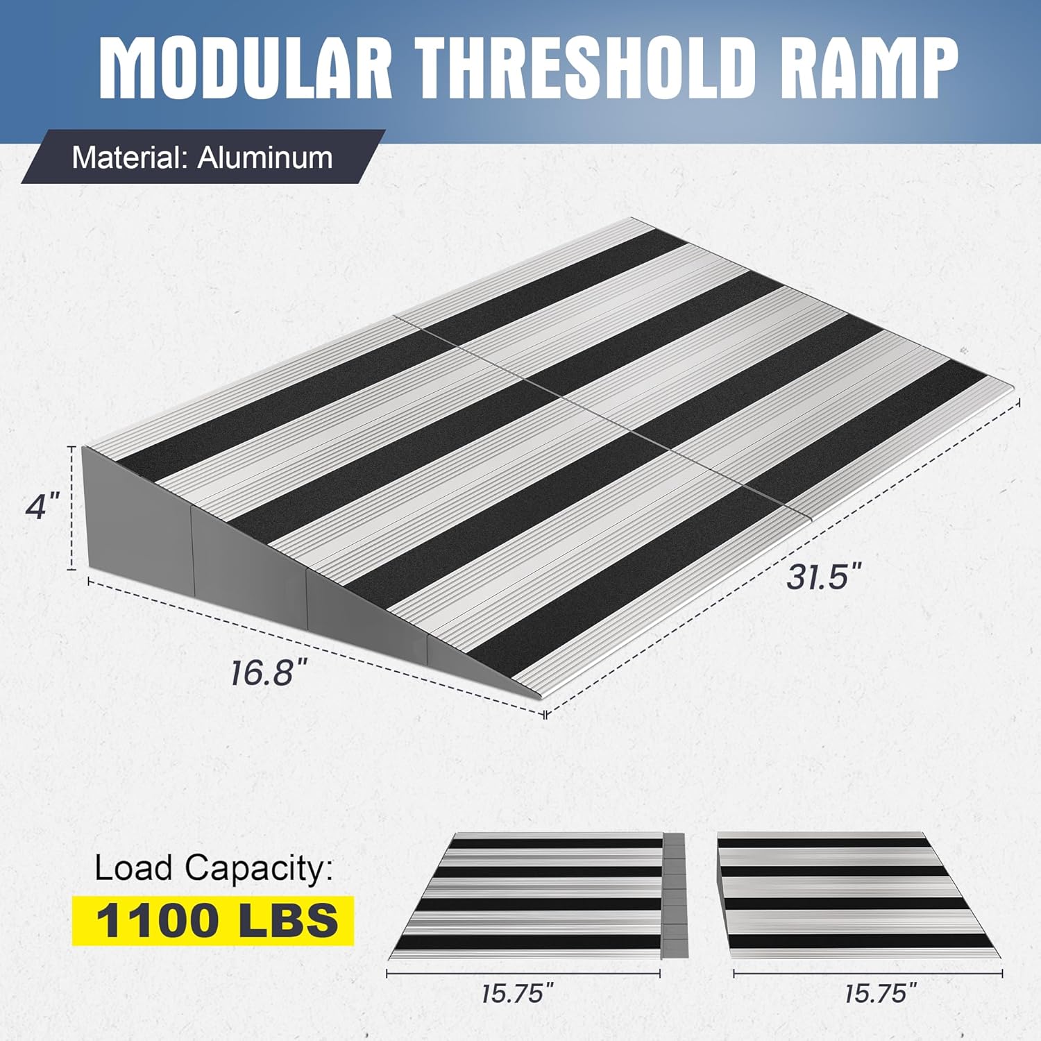 4 Rise Modular Threshold Ramp for Doorways, Stable Wheelchair Ramp for Home Steps, Aluminum Door Ramp and Curb Ramp for Scooters, Power Chairs, Cars, 1100LBS Load Capacity 4 Rise Height