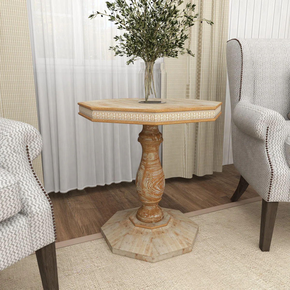 Brown Wood Handmade Intricately Carved Floral Accent Table