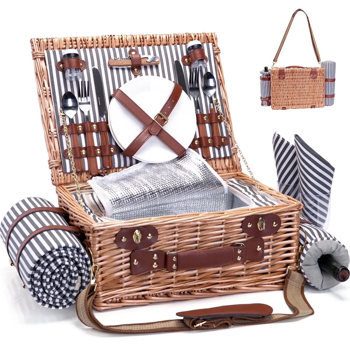 Picnic Basket With Blanket And Wine Pouch For 2 Wicker Picnic Set With Insulated Liner Cooler Bag Hamper For Camping,Wedding - Stripes
