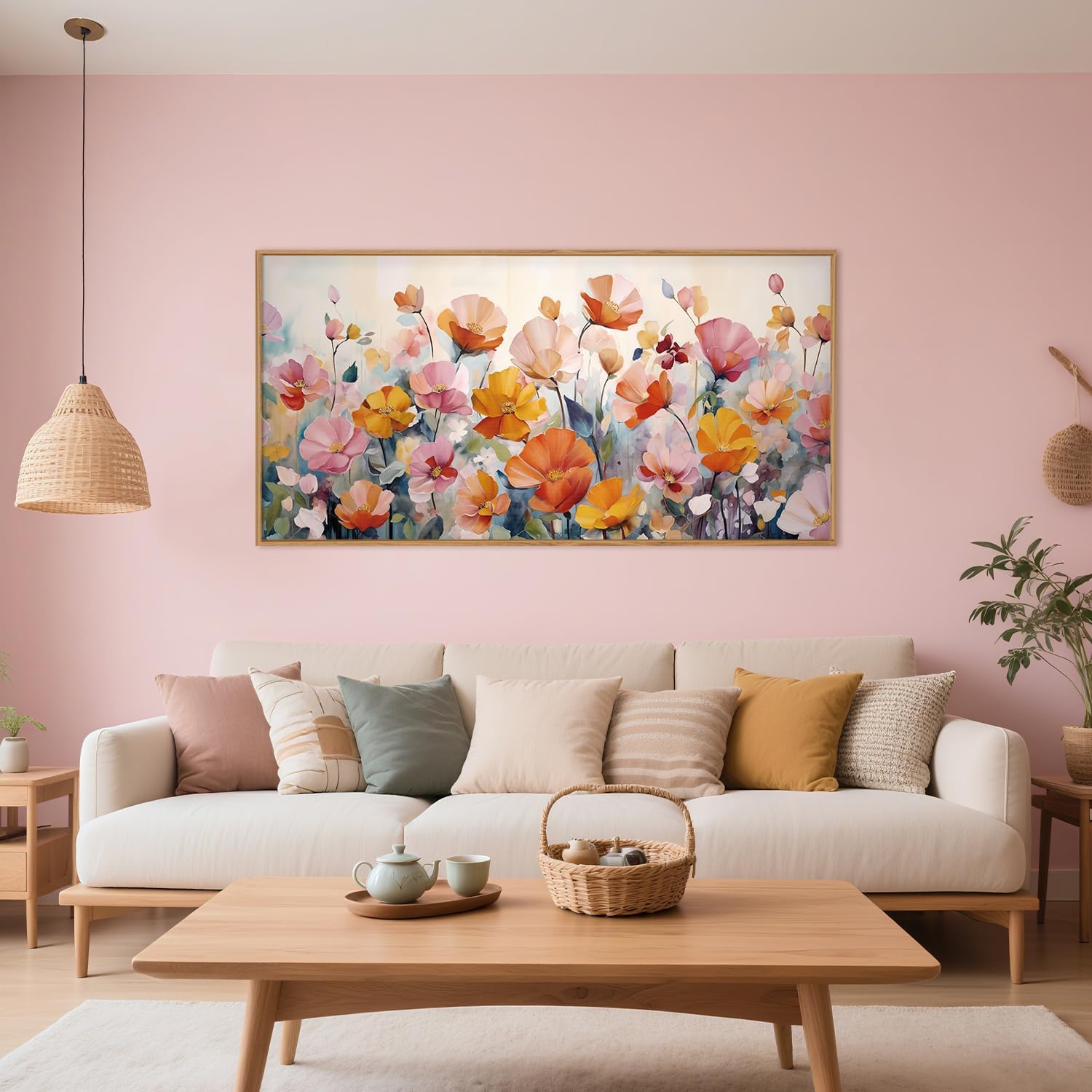 DRACIT Nature Pink Floral Framed Canvas Wall Art Set,Boho Colorful Wildflowers Botanical Wall Decor, Modern Aesthetic Bohemian Flowers Art Print for Living Room,Bedroom-20 x40 Pink Flowers Wall Art 40Lx20W
