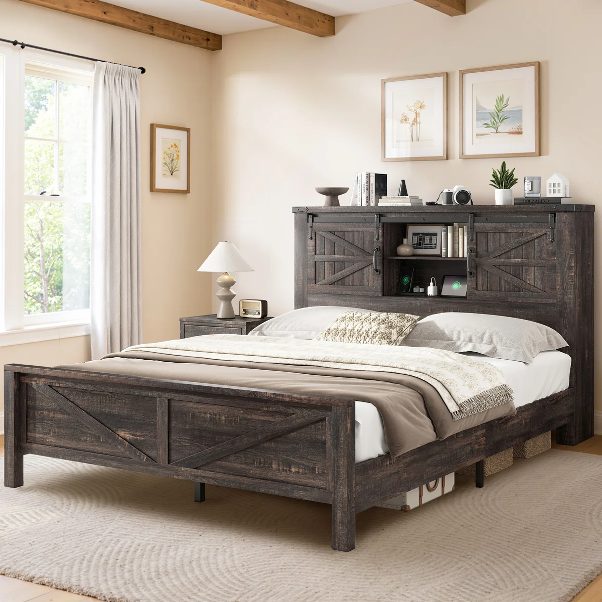 Box 2/2 Oceant Sherell Farmhouse Bed Frame Storage Bookcase Headboard