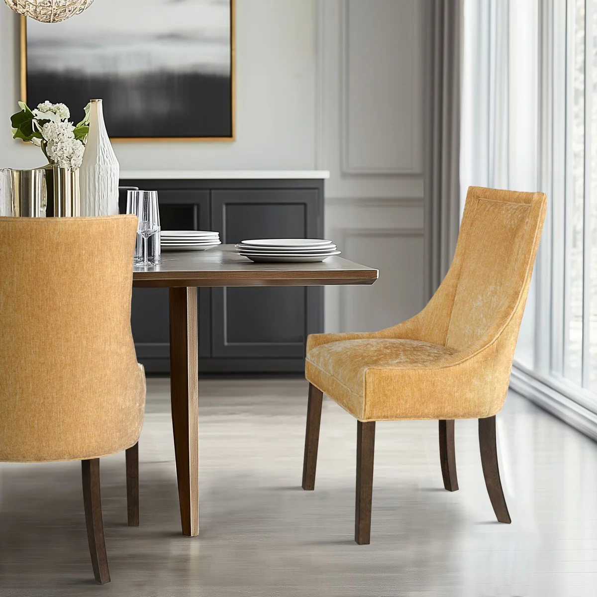 Ultra Upholstered Dining Chairs with High-Back Design and Solid Wood Legs