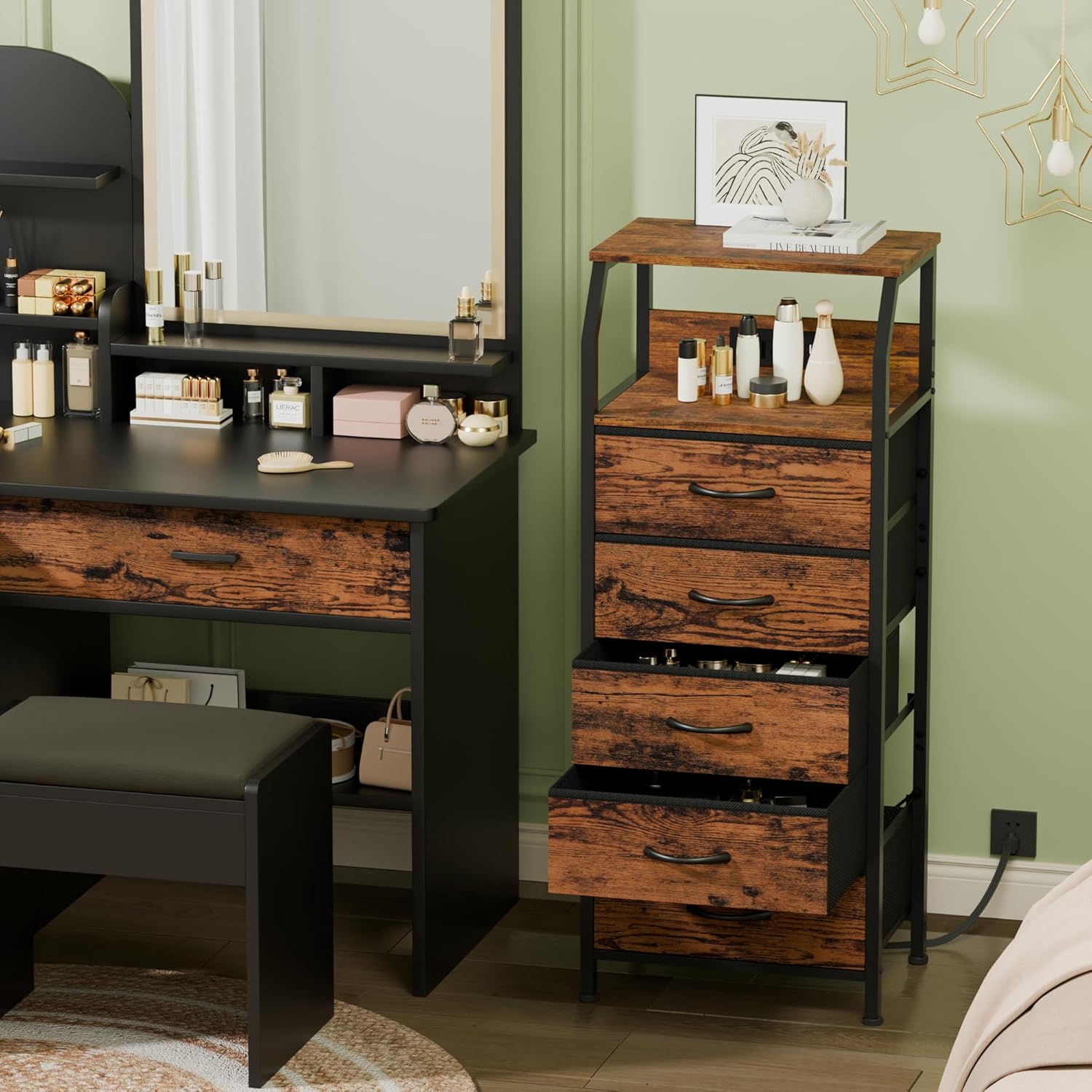 Furnulem 5 Drawers Dresser with Charging Station, Tall Night Stand with Storage Shelf, Fabric Chest of Drawers, Bedside Table for Closet, Entryway, Bedroom Furniture, 3 Ways to Use, Rustic Brown 5 Drawer Rustic Brown 1