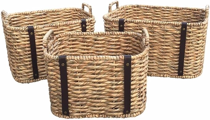 Twisted Woven Water Hyacinth Basket With PU Leather Decoration (Set Of 3 Sizes)