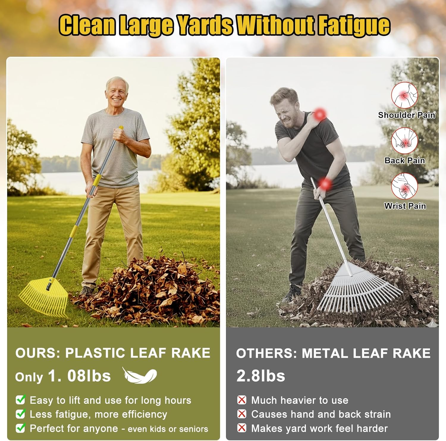 (DAMAGED) Lightweight Leaf Rake for Lawns - Durable Nylon Plastic Head,Easy Yard & Garden Rake for Women,Seniors,Kids, 16.5 Wide for Leaves, Grass,Pine Needles,Gardening,Adjustable 35–75 Long Handle 75inch