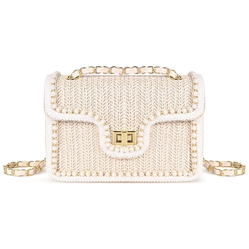 OWGSEE Straw Crossbody Bag with Pearls (M, Straw Beige)
