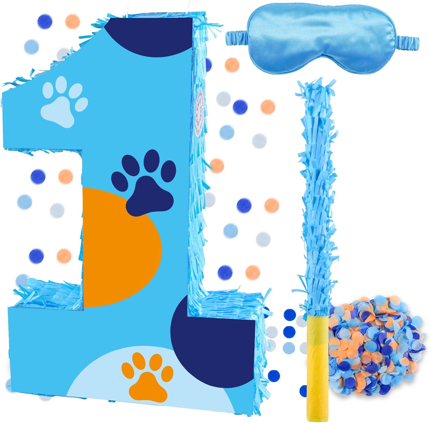 16 Inch Number 1 Dog Paw Pinata with 16 Inch Piñata Stick Blindfold Confetti for Boy Girl Kids 1st Birthday Party Decorations (1st)