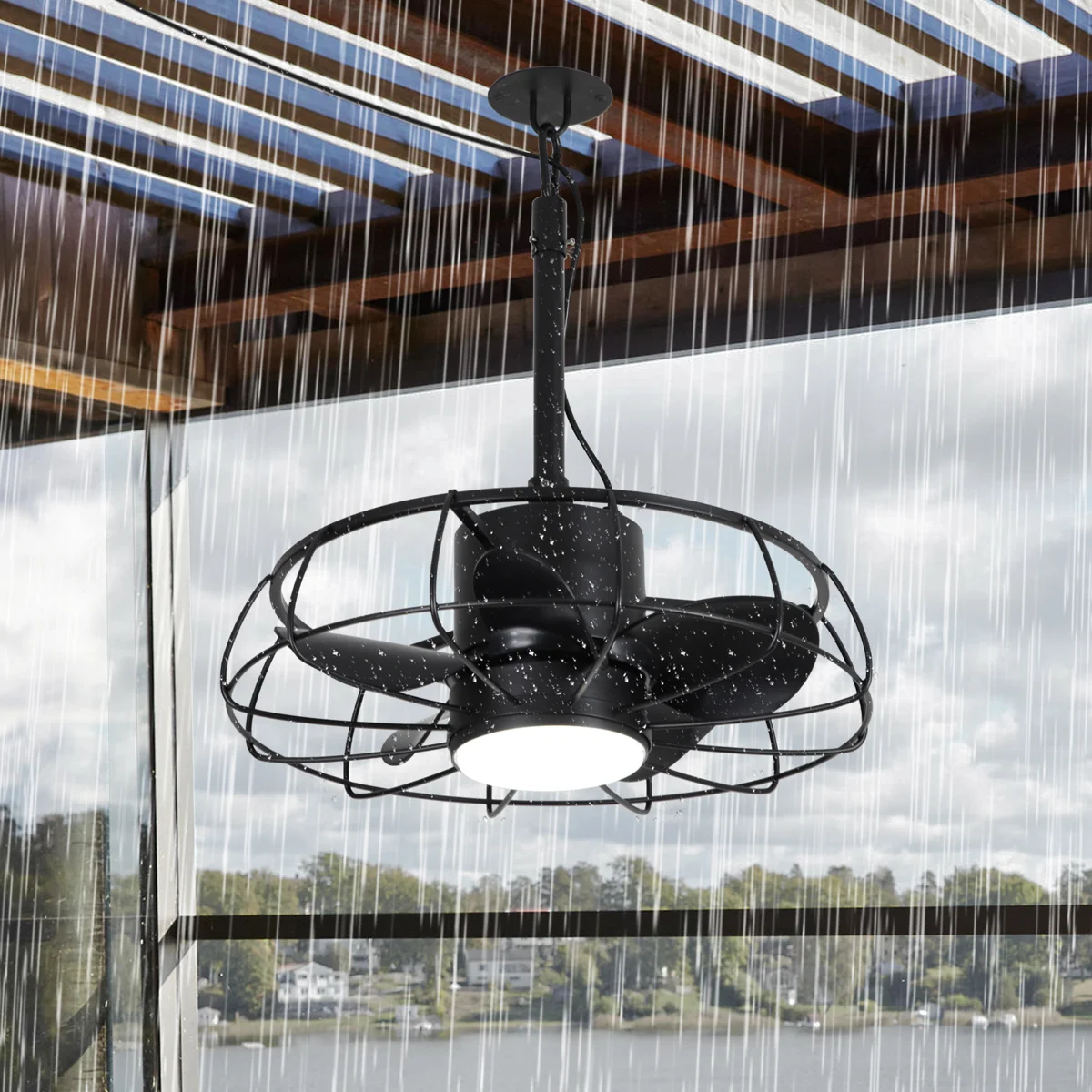 20.9" W Plug-in Caged Ceiling Fan with LED Light and Remote